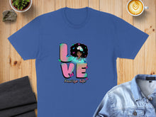 Load image into Gallery viewer, Blue t-shirt with "LOVE nurse life" graphic, featuring a woman and butterflies.