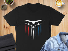 Load image into Gallery viewer, Black t-shirt with a formation of white jets against red and blue trails.