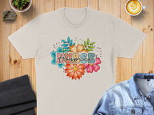 Load image into Gallery viewer, Beige t-shirt with "Hospice" text surrounded by colorful flowers.