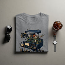 Load image into Gallery viewer, Grey t-shirt featuring an exploded view schematic of a ham radio.