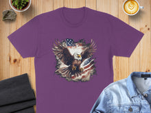 Load image into Gallery viewer, Purple t-shirt with distressed American flag and eagle graphic.