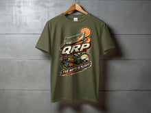 Load image into Gallery viewer, Olive green t-shirt with graphic of radio, meter, and text "QRP FIVE WATTS IS PLENTY".