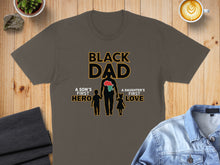 Load image into Gallery viewer, Black Dad graphic tee with father, son, and daughter silhouettes and map of Africa.