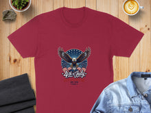 Load image into Gallery viewer, Red t-shirt with eagle and "4th of July" text, stylized wings.