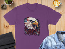 Load image into Gallery viewer, Purple t-shirt with an American bald eagle graphic and watercolor splatters.