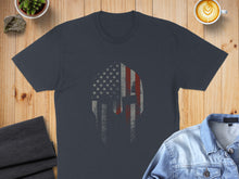 Load image into Gallery viewer, Dark grey t-shirt with a distressed American flag Spartan helmet graphic.