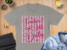 Load image into Gallery viewer, Grey t-shirt with pink stripes and "Teacher Off Duty" text.