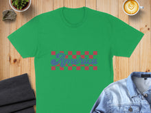 Load image into Gallery viewer, Green t-shirt with "America" in red and blue checkered text.