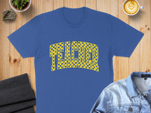 Load image into Gallery viewer, Blue t-shirt with yellow and blue checkered "TEACHER" text.
