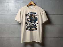Load image into Gallery viewer, T-shirt with an exploded view of a radio transceiver and the text "BUILT TO TRANSMIT".