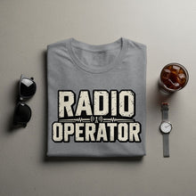 Load image into Gallery viewer, Grey t-shirt with distressed "RADIO OPERATOR" text and a radio tower graphic.