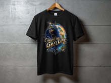 Load image into Gallery viewer, Black t-shirt with "Chasing the Gray Line" graphic featuring a globe and compass.