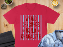 Load image into Gallery viewer, Red t-shirt with "Weird Teachers Build Character" text and blue stripes.