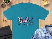 Load image into Gallery viewer, Teal t-shirt with "Peace Love Nursing" and heart stethoscope design.