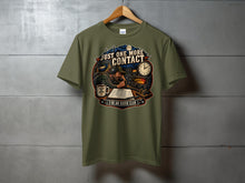 Load image into Gallery viewer, Olive green t-shirt with graphic: "Just One More Contact 2:00 AM Radio Club"