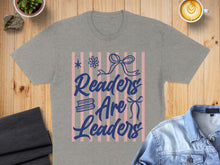 Load image into Gallery viewer, Gray t-shirt with pink stripes and blue text reading "Readers Are Leaders".