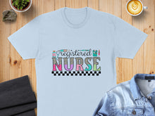 Load image into Gallery viewer, Light blue t-shirt with "Registered Nurse" text and leopard print accents.