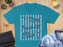 Load image into Gallery viewer, Teal t-shirt with "Tired Teachers Club" text and vertical blue stripes.