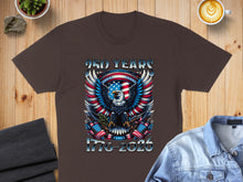 Load image into Gallery viewer, Brown t-shirt featuring an eagle with American flags, celebrating 250 years: 1776-2026.