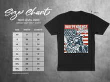 Load image into Gallery viewer, Next Level 3600 Unisex Cotton T-Shirt size chart and Independence Day graphic tee.