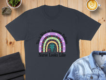 Load image into Gallery viewer, Dark t-shirt with "Awesome Pediatric Nurse" rainbow design.