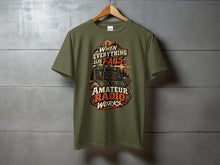 Load image into Gallery viewer, Olive green t-shirt with "When Everything Else Fails, Amateur Radio Works" text and vintage radio graphic.