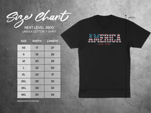 Load image into Gallery viewer, Next Level 3600 unisex t-shirt size chart with width and length measurements in inches.
