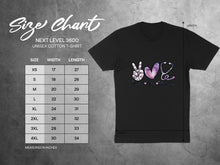 Load image into Gallery viewer, Next Level 3600 unisex cotton t-shirt size chart with "Peace Love Nursing" graphic.