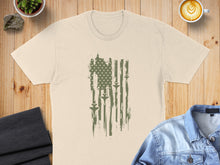 Load image into Gallery viewer, Distressed American flag design on a cream t-shirt.