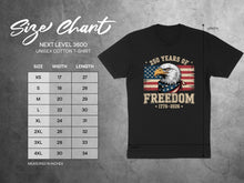 Load image into Gallery viewer, Unisex cotton t-shirt size chart and graphic with "250 Years of Freedom 1776-2026" text.