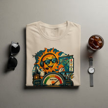 Load image into Gallery viewer, Cream t-shirt with cartoon sun graphic explaining solar flux conditions and radio equipment.