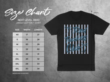 Load image into Gallery viewer, Next Level 3600 unisex t-shirt size chart with width and length measurements.
