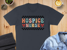 Load image into Gallery viewer, Dark t-shirt with "Hospice Nurse" text in retro font and heartbeat graphic.