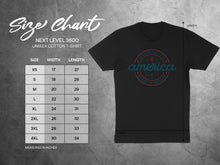 Load image into Gallery viewer, Next Level 3600 unisex t-shirt size chart with measurements in inches.