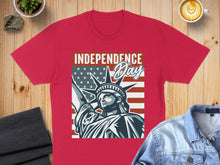 Load image into Gallery viewer, Red t-shirt with Statue of Liberty and American flag graphic, "Independence Day" text.