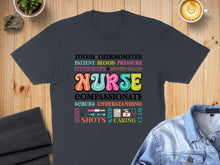 Load image into Gallery viewer, Colorful graphic t-shirt with "NURSE" prominently displayed amidst medical terms.