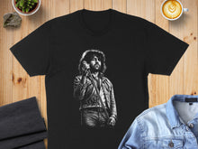 Load image into Gallery viewer, Black T-shirt with Iconic Singer Holding Microphone Design