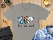 Load image into Gallery viewer, Gray t-shirt with "Peace love Dental" text and dental graphics.