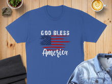 Load image into Gallery viewer, Blue t-shirt with distressed American flag and "GOD BLESS America" text.