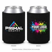 Load image into Gallery viewer, Illustrative front and back printing mockup on black foam can coolers with sample artwork