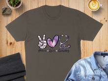 Load image into Gallery viewer, Dark grey t-shirt with "Peace Love Nursing" and stethoscope heart graphic.