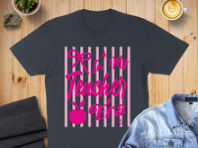 Load image into Gallery viewer, Dark grey t-shirt with pink stripes and "In My Teacher Era" text.