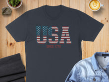 Load image into Gallery viewer, Navy t-shirt with distressed "USA SINCE 1776" American flag graphic.