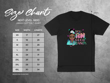 Load image into Gallery viewer, Unisex cotton t-shirt size chart with measurements and graphic of a nurse.