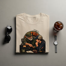 Load image into Gallery viewer, Cream t-shirt with graphic of two men and ham radio equipment.