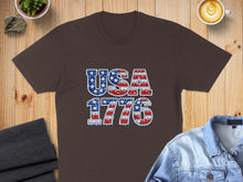 Load image into Gallery viewer, Brown t-shirt with "USA 1776" in patriotic, distressed lettering.