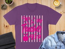 Load image into Gallery viewer, Purple t-shirt with pink text "Ran my teacher era" against striped background.