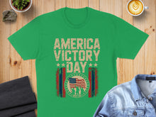 Load image into Gallery viewer, Green t-shirt with "AMERICA VICTORY DAY MAY 08" and distressed American flag graphic.