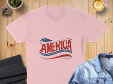 Load image into Gallery viewer, Pink t-shirt with distressed "AMERICA" text featuring stars and stripes.