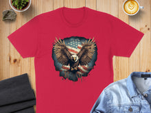 Load image into Gallery viewer, Red t-shirt with eagle and American flag graphic.